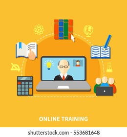 E learning colored composition with circle dotted line and thematic icon set around vector illustration
