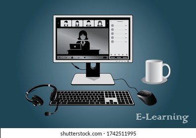 E learning Computer vector illustration, Realistic computer attached with monitor, keyboard, Head set, and Mouse , Isolated gradient back ground