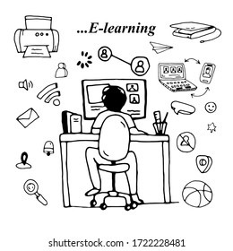 E Learning concept with Business Doodle design style: online formation, AI webinars, neural nets, child with a laptop.Modern style illustration for web banners.Stay Home, work in  home.covid-19