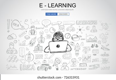 E Learning Concept With Business Doodle Design Style: Online Formation, AI Webinars, Neural Nets. Modern Style Illustration For Web Banners, Brochure And Flyers.