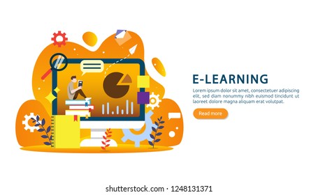 E learning concept with computer, book and tiny people character in study process. E-book or online education. template for web landing page, banner, presentation, social media and print material