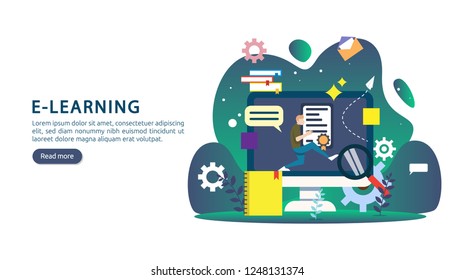 E learning concept with computer, book and tiny people character in study process. E-book or online education. template for web landing page, banner, presentation, social media and print material