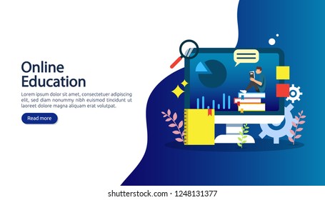 E learning concept with computer, book and tiny people character in study process. E-book or online education. template for web landing page, banner, presentation, social media and print material