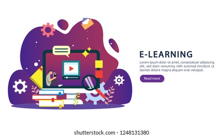 E learning concept with computer, book and tiny people character in study process. E-book or online education. template for web landing page, banner, presentation, social media and print material