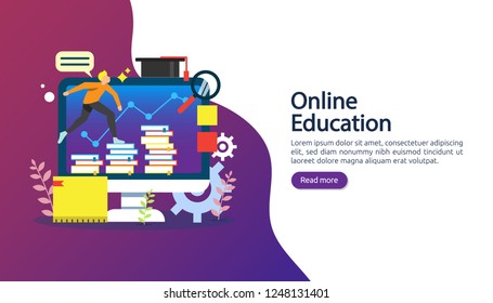 E learning concept with computer, book and tiny people character in study process. E-book or online education. template for web landing page, banner, presentation, social media and print material