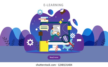 E learning concept with computer, book and tiny people character in study process. E-book or online education. template for web landing page, banner, presentation, social media and print material