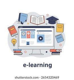 E conceito de aprendizagem com livros de computador e ilustração de cap de graduação