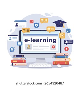 E conceito de aprendizado com o cap de graduação de livros de computador e ícones de mídia social