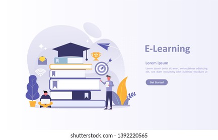 E Learning concept. Online courses for distance education with people character.  Suitable for web landing page, ui, mobile app, banner template. Vector Illustration 