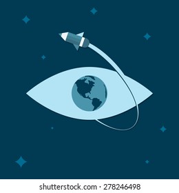 E learning concept. On-line learning or schooling. Pencil-rocket flying around eye-globe. Vector illustration. For web design and applications. Trendy flat design style