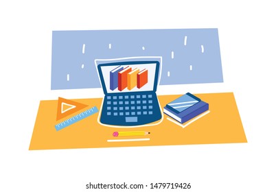  E learning concept. Use your laptop to learn something new. Vector illustration. 
