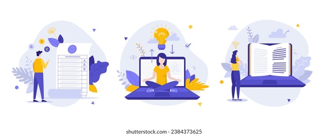  E learning course benefits flat concept vector illustrations set. Studying online via laptop cartoon composition. Student knowledge evaluation remotely idea for website, infographic, hero image