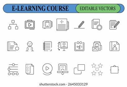 E Learning Curso Ícones Definir Linha Preta Vetor Gráficos Bloco de Anotações Botão Reproduzir Documento