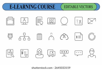 E Learning Course Icons Set Black Line Vector Graphics White Background eLearning