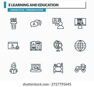 e aprendizagem e educação ícones definir - caixa de lápis, qa, coaching on-line, internacional, jogo baseado aprendizagem esboço coleção de vetor.