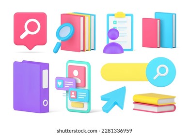 E learning education library book reading internet information searching set 3d icon realistic vector illustration. Online studying paperwork business office to do list planning smartphone application