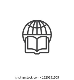 e learning, education line icon. linear style sign for mobile concept and web design. Globe and book outline vector icon. Symbol, logo illustration. Vector graphics