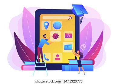 E- learning. Education process. Training application. Mobile app development courses, mobile apps online courses, become a mobile developer concept. Bright vibrant violet vector isolated illustration