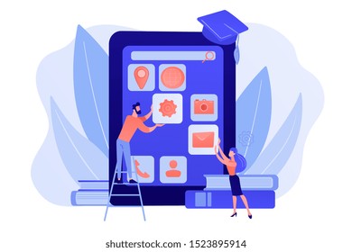 E- learning. Education process. Training application. Mobile app development courses, mobile apps online courses, become a mobile developer concept. Pink coral blue vector isolated illustration