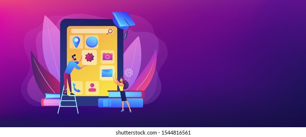 E- learning. Education process. Training application. Mobile app development courses, mobile apps online courses, become a mobile developer concept. Header or footer banner template with copy space..