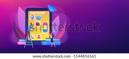 E- learning. Education process. Training application. Mobile app development courses, mobile apps online courses, become a mobile developer concept. Header or footer banner template with copy space..