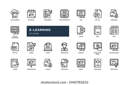 E Learning education school online course college detailed outline line icon set