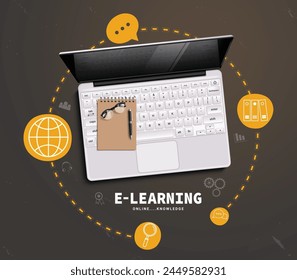 E learning education vector design. E learning online school with laptop computer learning device for college course and distance education concept. Vector illustration e learning online design.  
