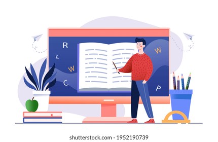 E learning english language tutoring, online library, curriculum, educational webinar, personal tutor courses. Flat abstract metaphor cartoon vector illustration concept. Isolated on white background.