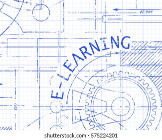 E Learning with gear wheels on graph paper background illustration