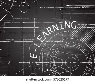 E Learning with gear wheels on blackboard machine background illustration
