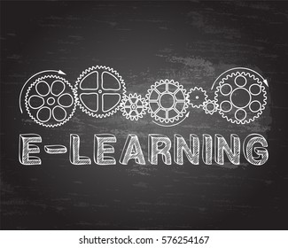 E Learning with gear wheels on blackboard background illustration
