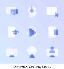 e learning glass morphism trendy style icon set. e learning transparent glass color vector icons with blur and purple gradient. for web and ui design, mobile apps and promo business banners, posters