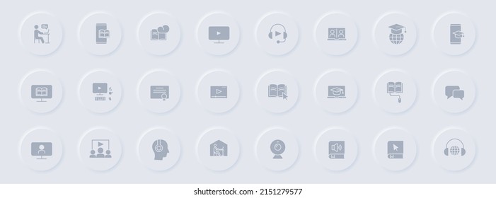 e learning gray glyph icons on round rubber buttons. e learning vector icons for web, mobile apps, ui design and promo business polygraphy
