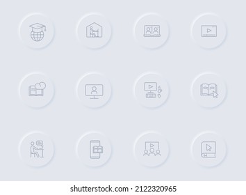e learning gray vector icons on round rubber buttons. e learning icon set for web, mobile apps, ui design and promo business polygraphy