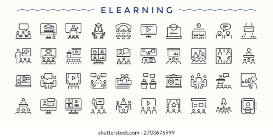 E learning icon collection. Perfect for logos and infographic. Editable stroke. Pixel Perfect. Learn modern icon set. Pictograms of study, web, school, education, learn, webinar and more.