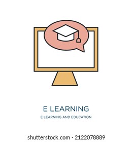 Icono de aprendizaje electrónico de la colección e learning and education. Esbozo delgado e aprendizaje, educación, escuela secundaria de un ícono de color lineal compensado detallado aislado en el fondo blanco. Signo de aprendizaje del vector de línea e, símbolo