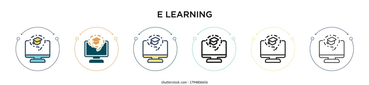 E learning icon in filled, thin line, outline and stroke style. Vector illustration of two colored and black e learning vector icons designs can be used for mobile, ui, web