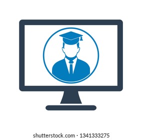 E Learning Icon. Graduate student symbol on Computer Monitor. Flat style vector EPS.