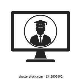 E Learning Icon. Graduate student symbol on Computer Monitor. Flat style vector EPS.