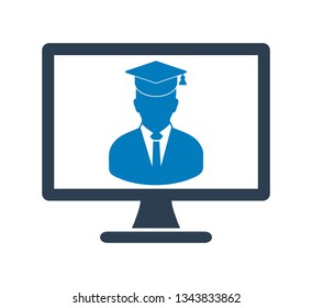 E Learning Icon. Graduate student symbol on Computer Monitor. Flat style vector EPS.