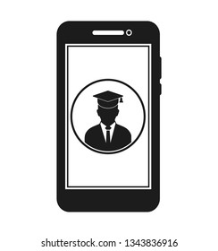 E Learning Icon. Graduate student symbol on Mobile screen. Flat style vector EPS.