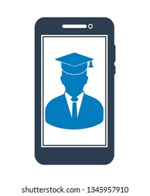 E Learning Icon. Graduate student symbol on Mobile screen. Flat style vector EPS.