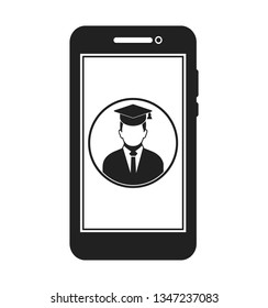 E Learning Icon. Graduate student symbol on Mobile screen. Flat style vector EPS.