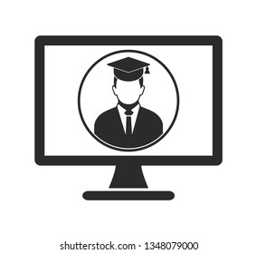 E Learning Icon. Graduate student symbol on Computer Monitor. Flat style vector EPS.