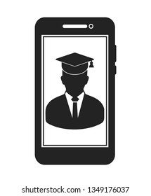 E Learning Icon. Graduate student symbol on Mobile screen. Flat style vector EPS.