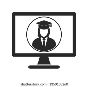 E Learning Icon. Graduate student symbol on Computer Monitor. Flat style vector EPS.