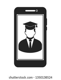 E Learning Icon. Graduate student symbol on Mobile screen. Flat style vector EPS.