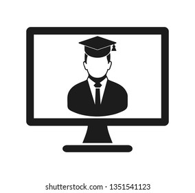 E Learning Icon. Graduate student symbol on Computer Monitor. Flat style vector EPS.