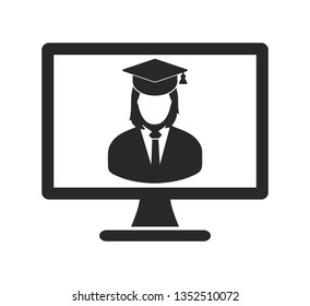 E Learning Icon. Graduate student symbol on Computer Monitor. Flat style vector EPS.