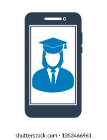 E Learning Icon. Graduate student symbol on Mobile screen. Flat style vector EPS.